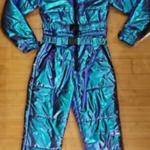 Ski Suit: Dolls Kill Club Exx Aurora Beam Holographic Blue Purple Fur Snowsuit